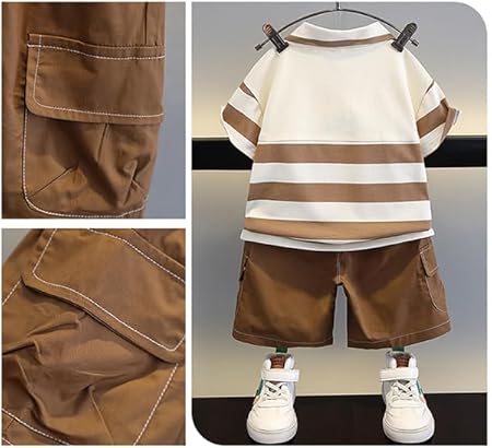 Ju Ju Jam boys' clothing set featuring a brown collared striped shirt and coordinating pants for a chic and comfortable outfit.