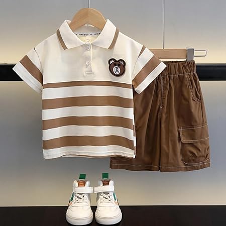 Ju Ju Jam boys' brown collared striped set, combining a refined striped shirt with a contrasting brown collar and matching pants for a polished look.