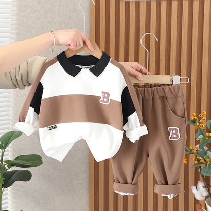 Brown White Striped Boys Cozy Set - Comfortable outfit featuring brown and white stripes on a cozy top and matching pants, perfect for casual and relaxed wear, available at Ju Ju Jam.