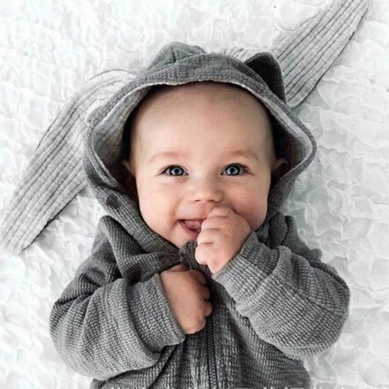 Adorable bunny ears romper for infants – Ju Ju Jam's unisex jumpsuit for boys and girls.

