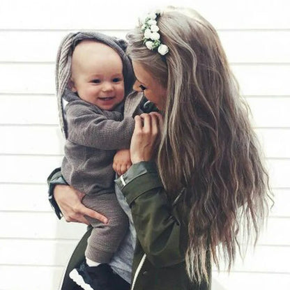 Ju Ju Jam baby romper jumpsuit with bunny hood – soft, cuddly outfit for boys and girls.


