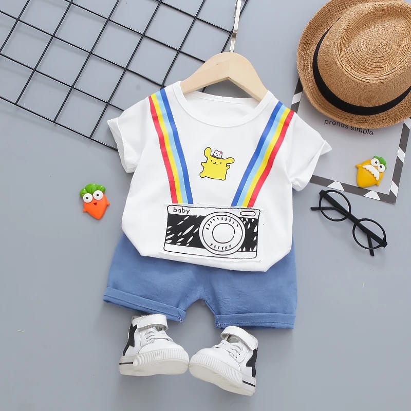 Ju Ju Jam boys' Camera Snapshot Style set, featuring a shirt with a camera print and matching pants for a playful look.