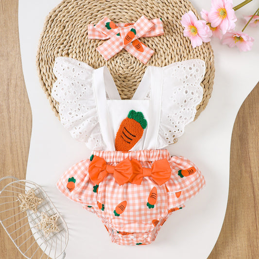 Baby in Carrot Cutie Romper by Ju Ju Jam – adorable carrot-themed outfit

