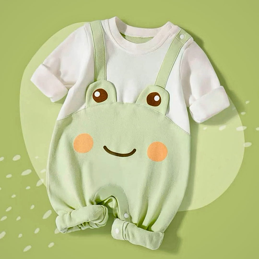Ju Ju Jam Cartoon Frog baby romper – cute unisex romper with fun frog design for boys and girls.

