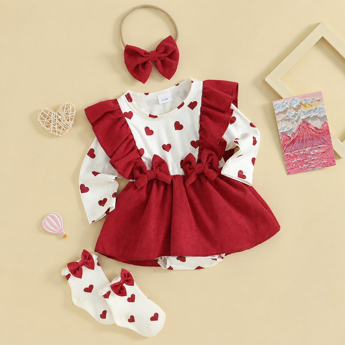 Red Heart Baby Girls Romper Dress with Headbow & Socks