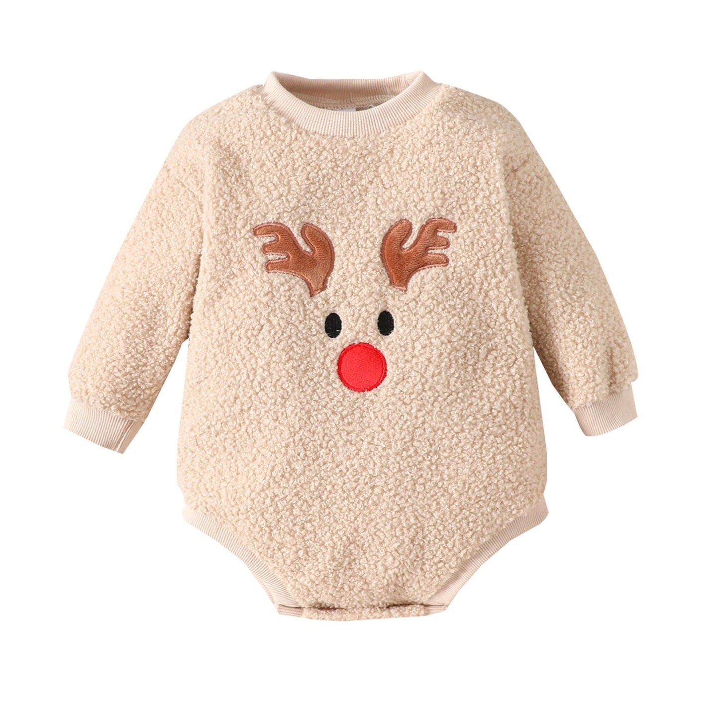 Soft and cozy Baby Deer Christmas romper for boys and girls, festive outfit from Ju Ju Jam, ideal for holiday cheer.