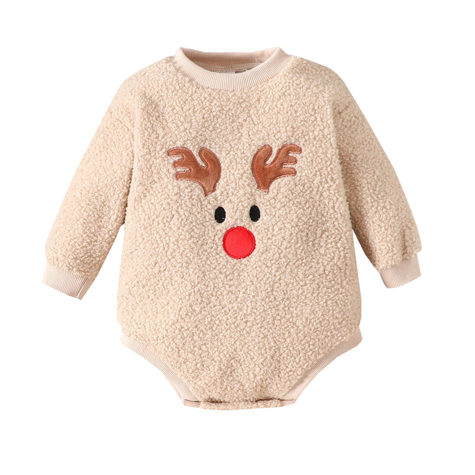 Soft and cozy Baby Deer Christmas romper for boys and girls, festive outfit from Ju Ju Jam, ideal for holiday cheer.