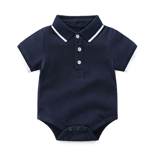 Classic blue polo-style baby boy romper by Ju Ju Jam with collar and front buttons, perfect for casual and formal wear.

