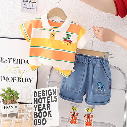 Ju Ju Jam casual boys' set with collared T-shirt, shorts, and a green bag accessory