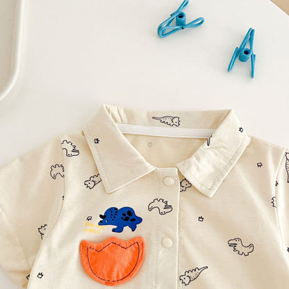 Dino print romper shirt for baby boys – breathable and cute outfit by Ju Ju Jam.

