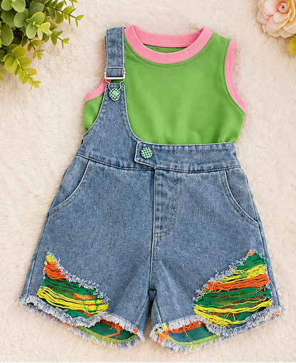 Stylish Patterned Baby Girls Denim Dungaree Set