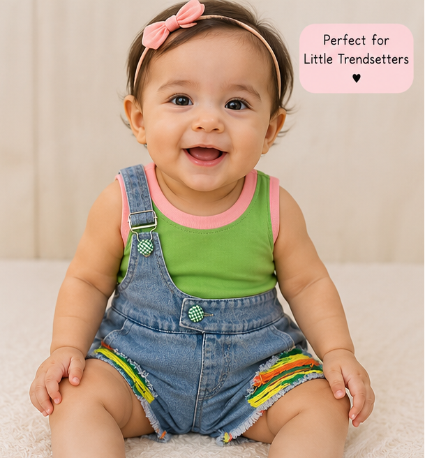 Stylish Patterned Baby Girls Denim Dungaree Set