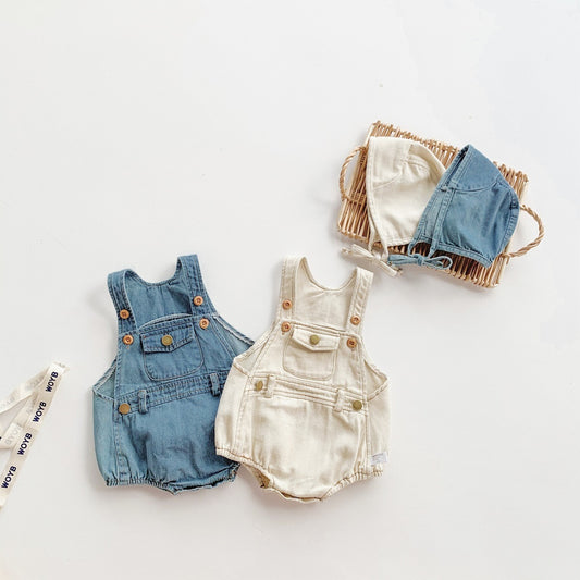 Denim romper with cap for baby boys and girls – stylish unisex outfit by Ju Ju Jam.

