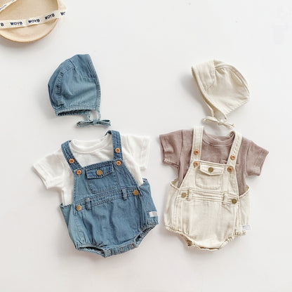 Cute baby romper with cap – denim outfit for boys and girls, perfect for stylish everyday looks from Ju Ju Jam.

