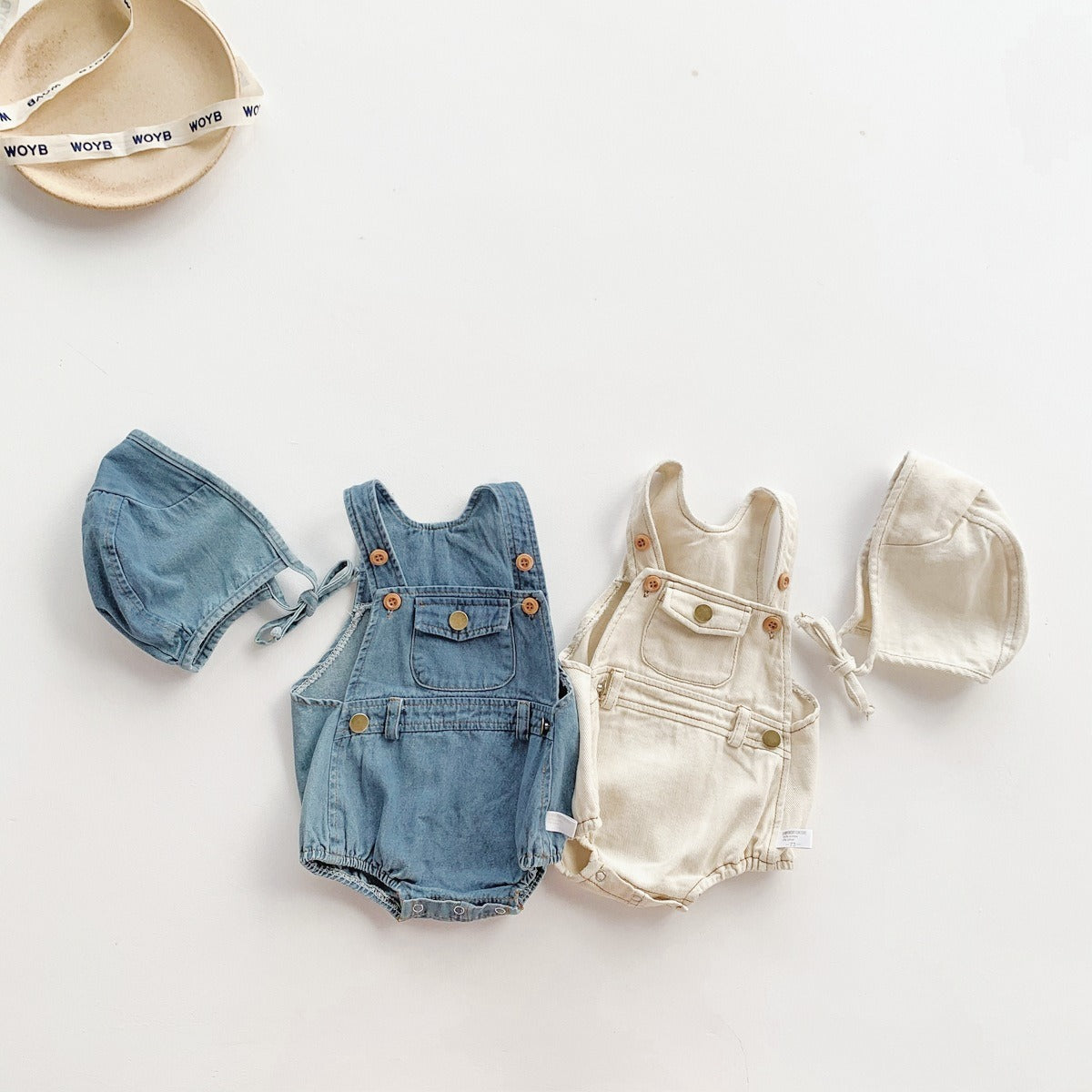 Denim romper for babies – stylish and soft unisex outfit with cap by Ju Ju Jam.


