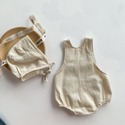 Unisex denim romper set with matching cap – trendy baby outfit for boys and girls by Ju Ju Jam.

