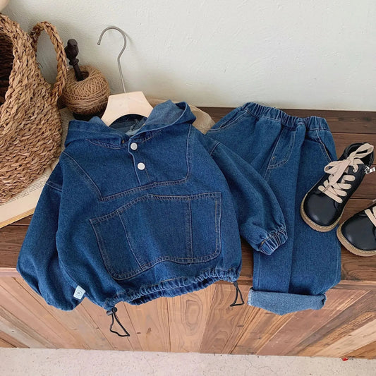 Baby in denim sweatshirt hoodie and pants set by Ju Ju Jam

