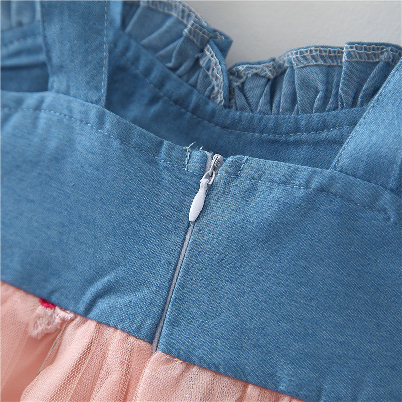 Stylish denim frill dress for girls paired with a hat from Ju Ju Jam