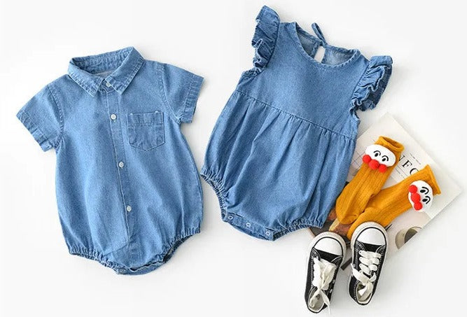 Denim Matching Boys and Girls Romper by Ju Ju Jam - Stylish denim romper set for both boys and girls.