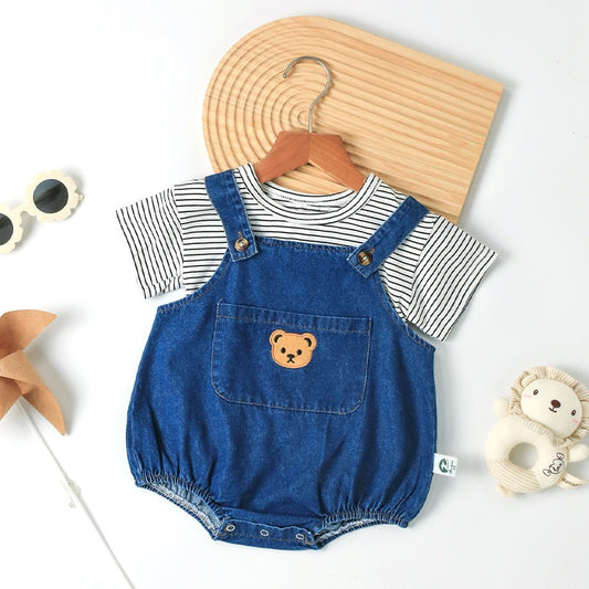 Baby in Denim Paws Overalls Romper by Ju Ju Jam – stylish denim romper with paw prints

