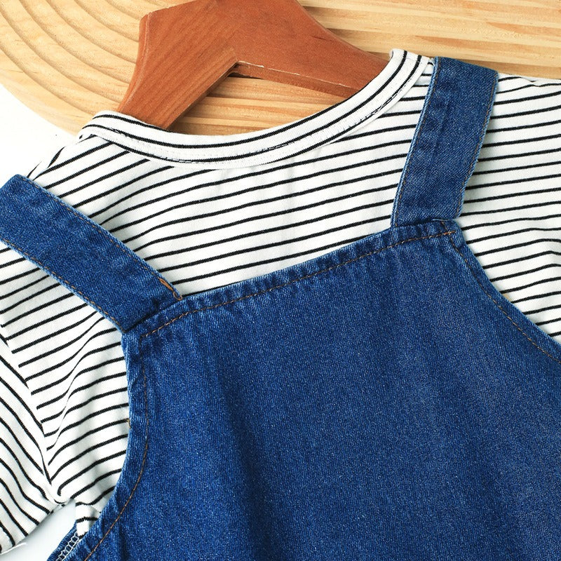 Close-up of Denim Paws Overalls Romper – detailed stitching and button straps

