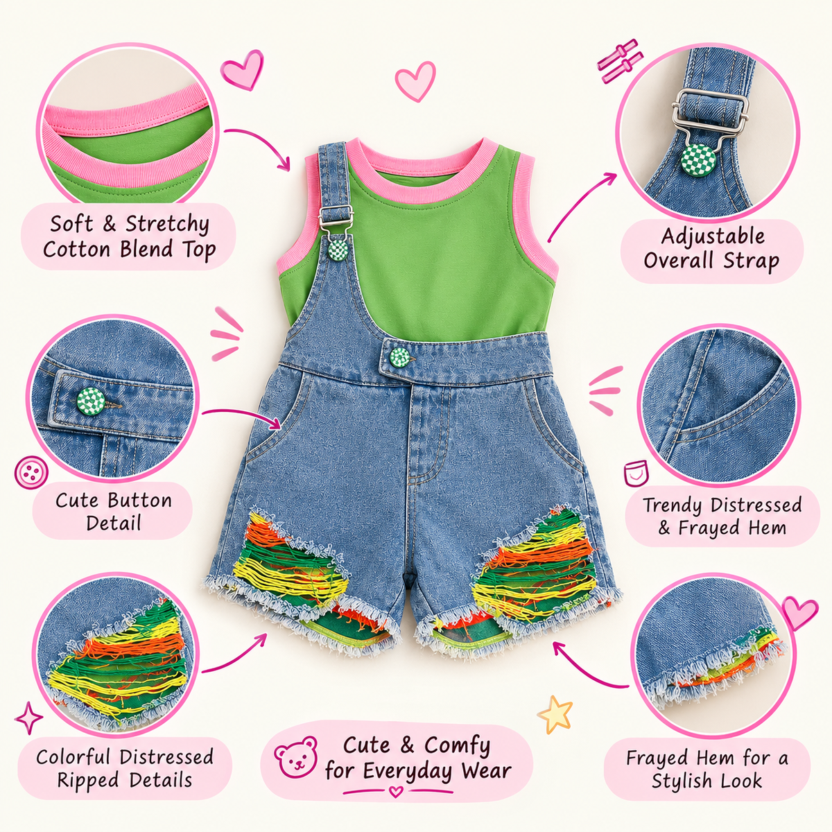 Stylish Patterned Baby Girls Denim Dungaree Set