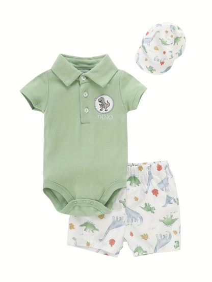 Baby boy romper set featuring fun dino print, shorts, and cap – Ju Ju Jam

