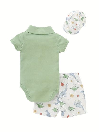 Ju Ju Jam dinosaur-themed baby outfit with romper, shorts, and hat

