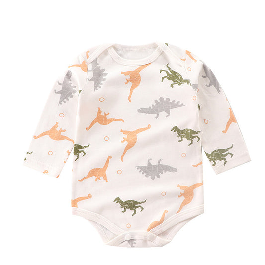 Baby boy and girl wearing a Dino Fun romper from Ju Ju Jam.