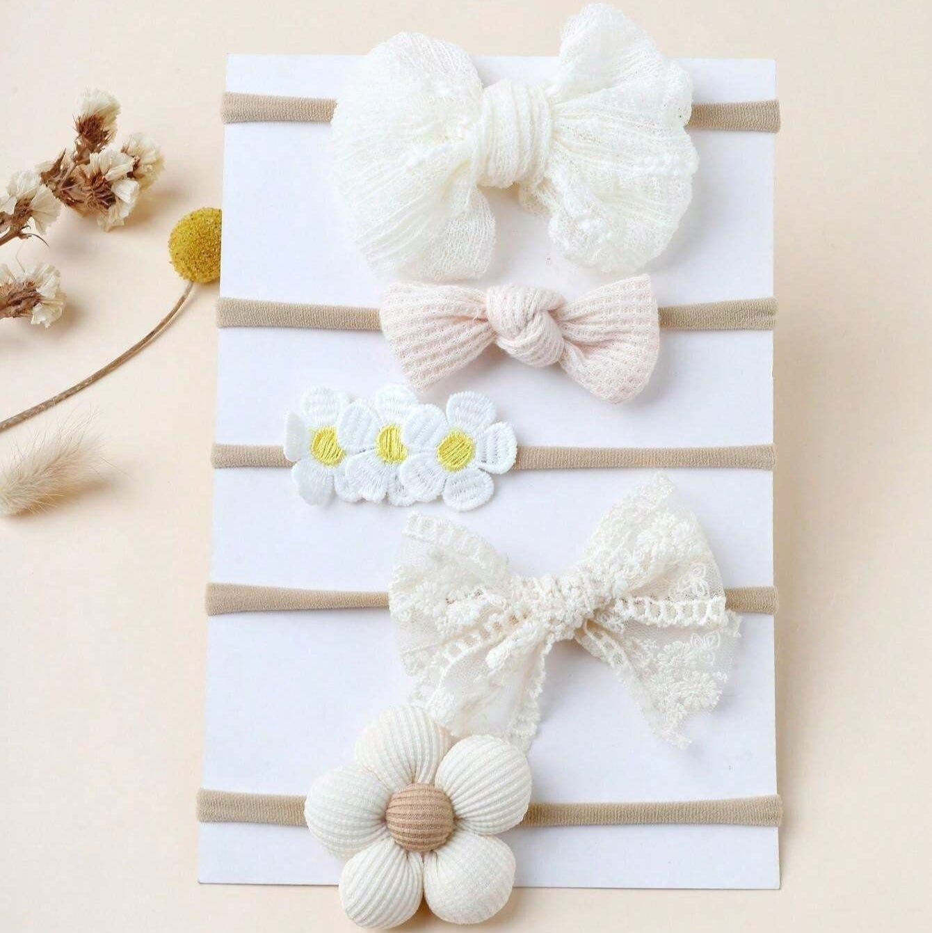 Elegant headband set for baby girls – Ju Ju Jam 5-piece collection with bows, lace, and floral accents.

