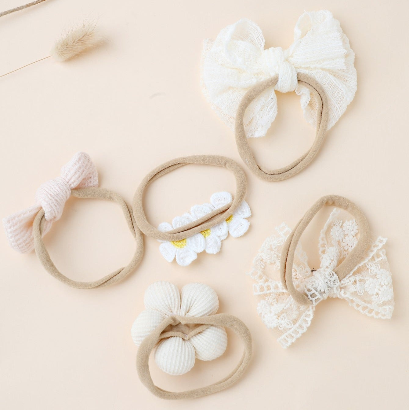 Ju Ju Jam baby girl headbands – elegant 5-piece set with stretchy, gentle materials for infants and toddlers.

