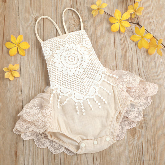 Ju Ju Jam Elegant Floral Baby Girls Lace Romper - Beautiful lace romper with a delicate floral design, perfect for special occasions.