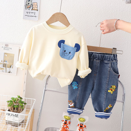 Elephant pocket-themed cozy outfit for boys from Ju Ju Jam, including a comfortable sweatshirt and pants.