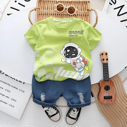 Ju Ju Jam Flying Astronaut Boys T-shirt and Denim Set – Space-Themed Outfit for Kids

