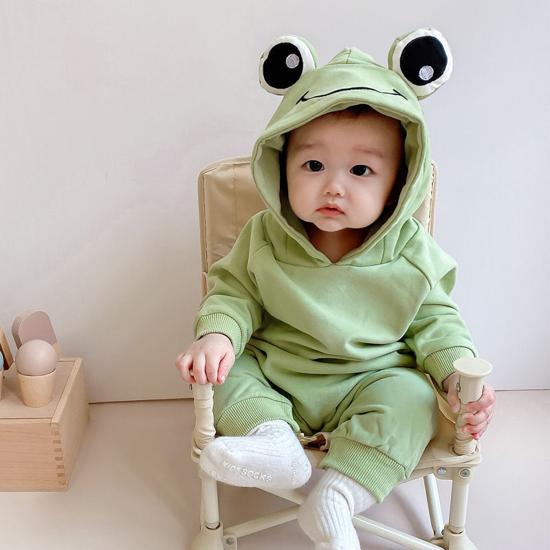 Baby boy and girl in a Frog Eyes hooded onesie from Ju Ju Jam.