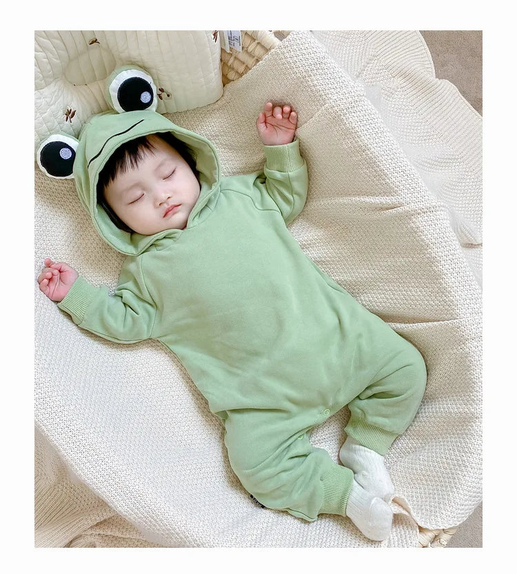 Frog Eyes hooded onesie for babies, featuring a fun frog design, available at Ju Ju Jam