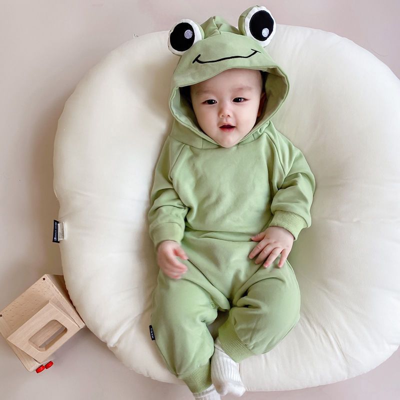 Cozy Frog Eyes hooded onesie for babies, with a fun frog design, available for boys and girls from Ju Ju Jam.