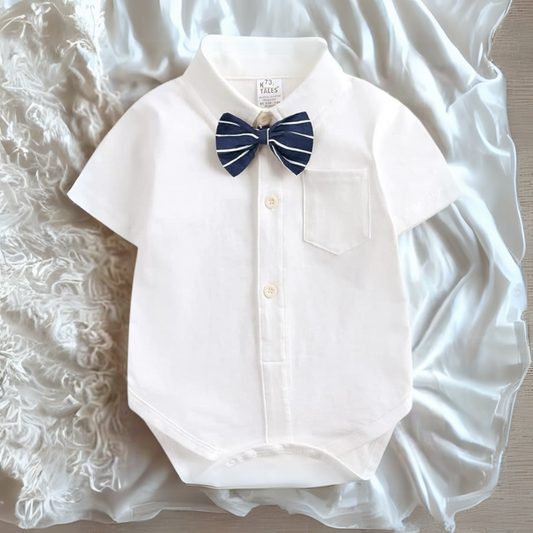 Baby boy wearing Gentleman White Romper Shirt with Bow Tie – Ju Ju Jam

