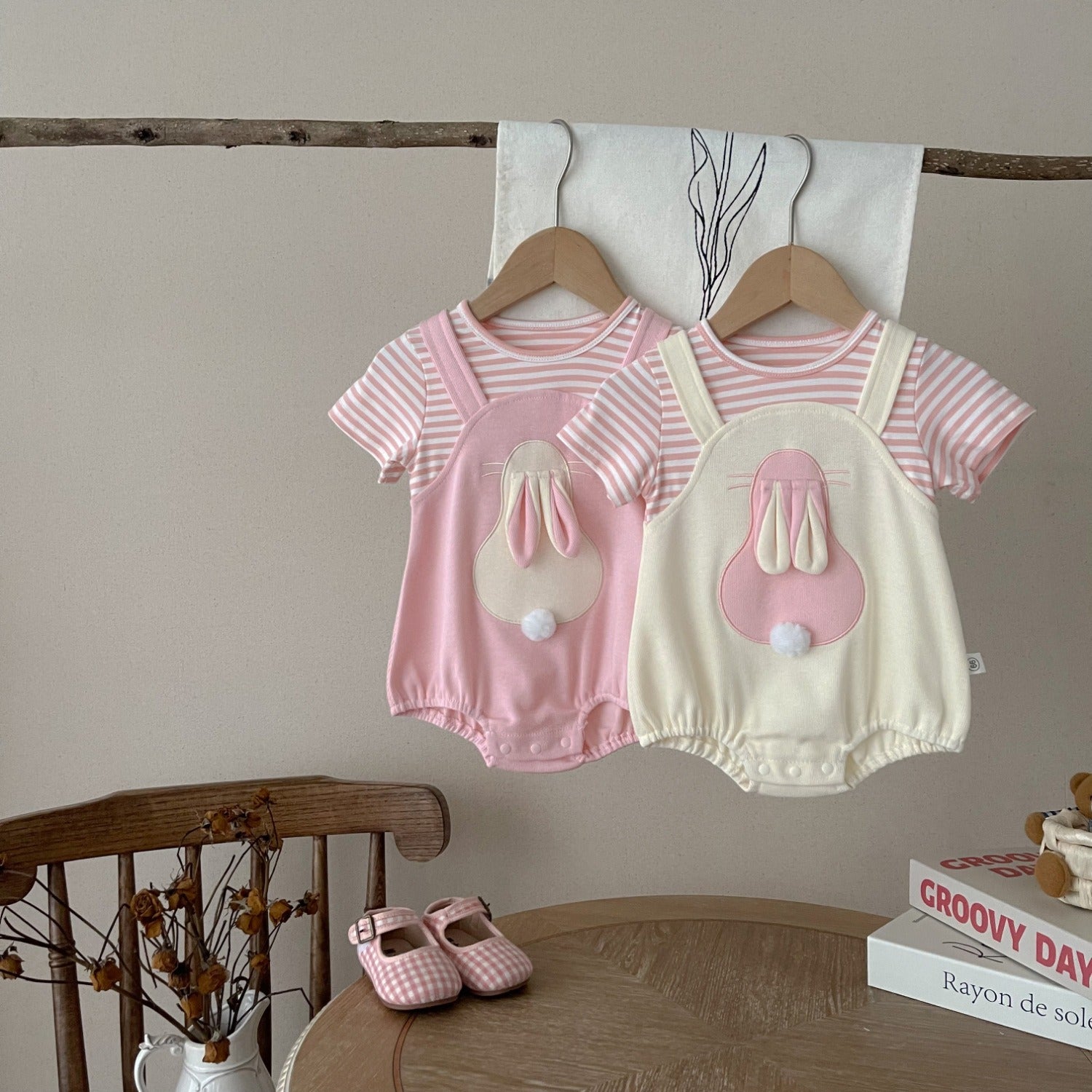Cute baby girl in pink Gia Bunny Romper with bunny ears and tail – Ju Ju Jam

