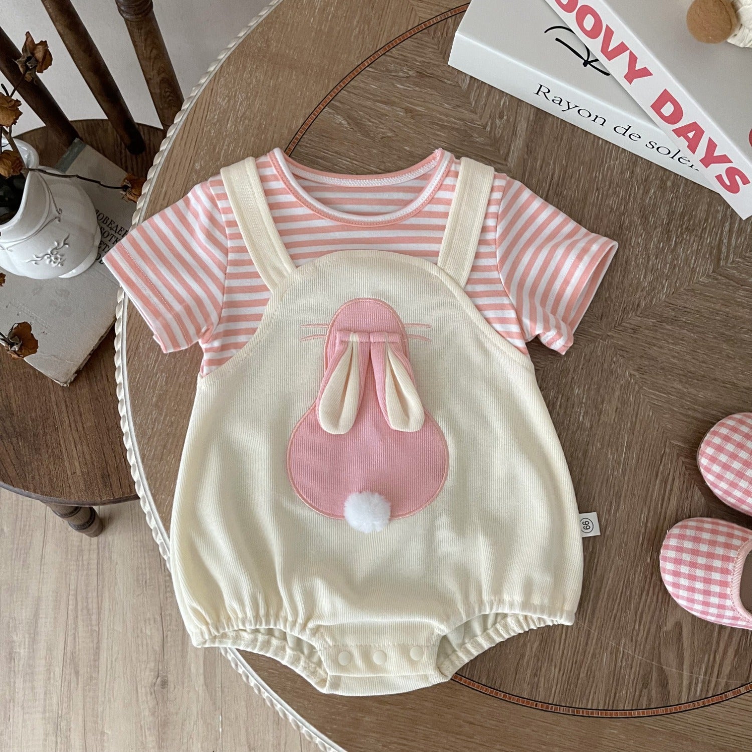 Close-up of bunny ear hood and soft fabric of Gia Baby Girls Romper – Ju Ju Jam

