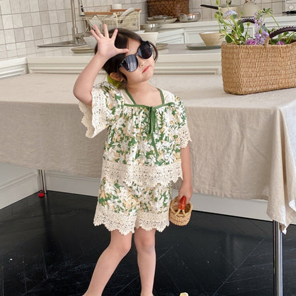 Green Floral Girls Co-ord Set by Ju Ju Jam – Elegant two-piece set with a beautiful green floral design, perfect for summer occasions.