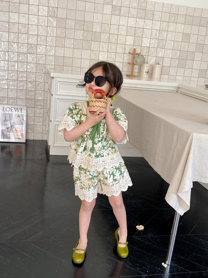 Green Floral Co-ord Set for Girls by Ju Ju Jam – Fashionable and coordinated set with a vibrant green floral print, ideal for warm days.