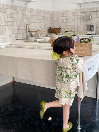 Ju Ju Jam Green Floral Girls Co-ord Set – Coordinated girls' outfit with a stylish green floral top and matching shorts, perfect for a fresh and summery look.