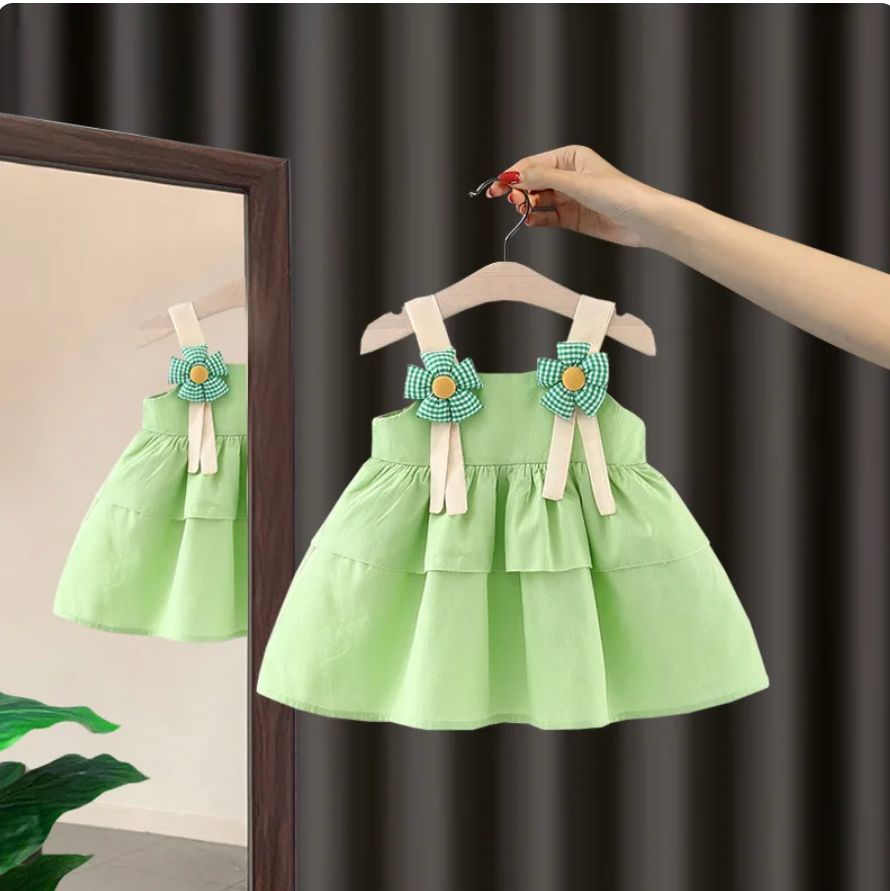 Adorable green dress for girls featuring flower attachments - Ju Ju Jam