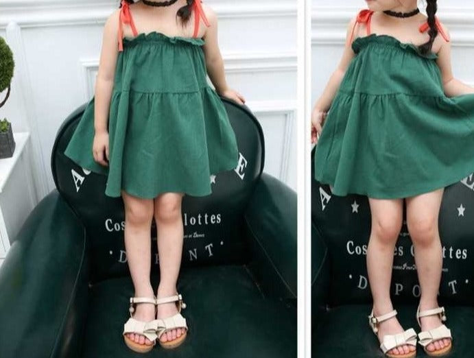 Charming Green Tie Sleeves Dress for Girls - Elegant dress with adjustable tie sleeves for a customizable fit, ideal for summer events, at Ju Ju Jam.