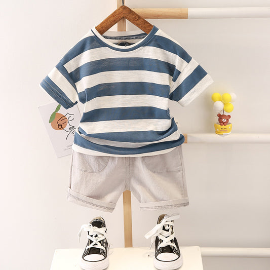 Ju Ju Jam grey striped casual boys' clothing set, featuring a striped T-shirt and matching pants for a relaxed look.