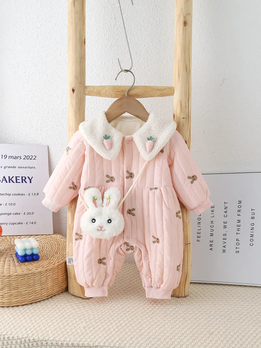 Ju Ju Jam pink baby girls' romper with a cozy puffer style and charming bunny sling detail.