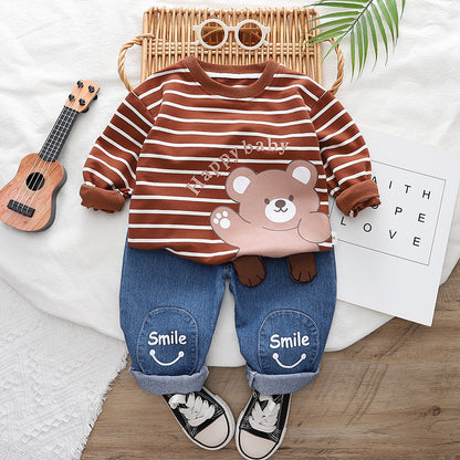 Ju Ju Jam boys' striped set with 'Happy Baby' design, featuring a cheerful shirt and matching pants.