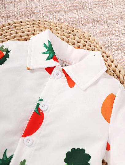 Happy Veggies jumpsuit for baby boys, showcasing cute and colorful vegetable patterns from Ju Ju Jam.