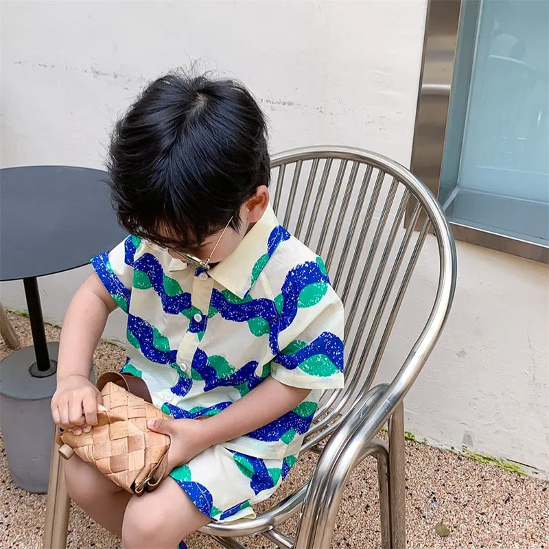 Boys Hawaii wave shirt and shorts set by Ju Ju Jam, stylish beachwear for toddlers